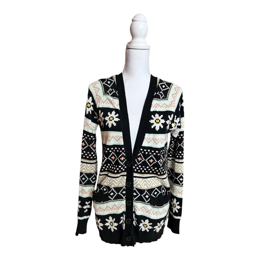 Nollie Women's M Multicolor Mixed Print Floral Aztec Soft Button Front Cardigan